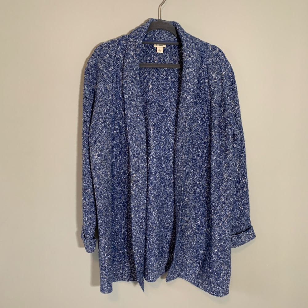 L. L. Bean Blue Speckled Knit Open Front Cardigan Tunic Sweater Women's Large‎